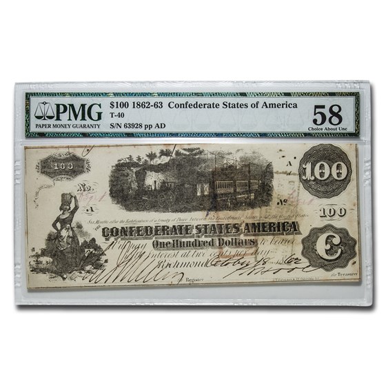 1862 $100 (T-40) Train Diffused Steam AU-58 PMG 1862 $100 (T-40) Train Diffused Steam AU-58 PMG